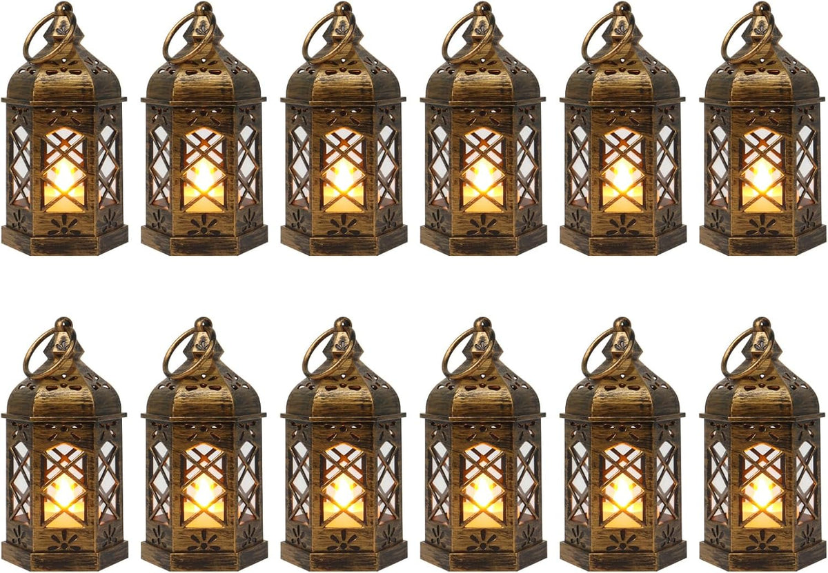 LLQ Mini Lantern with LED Candle, 12PCS Small Lanterns Decorative Indoor, Vintage Moroccan Lights