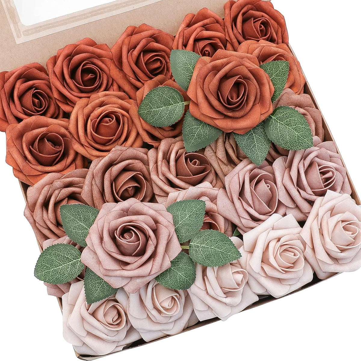 Floroom Artificial Flowers 25pcs Real Looking Burnt Orange Ombre Colors Foam Fake Roses with Stems
