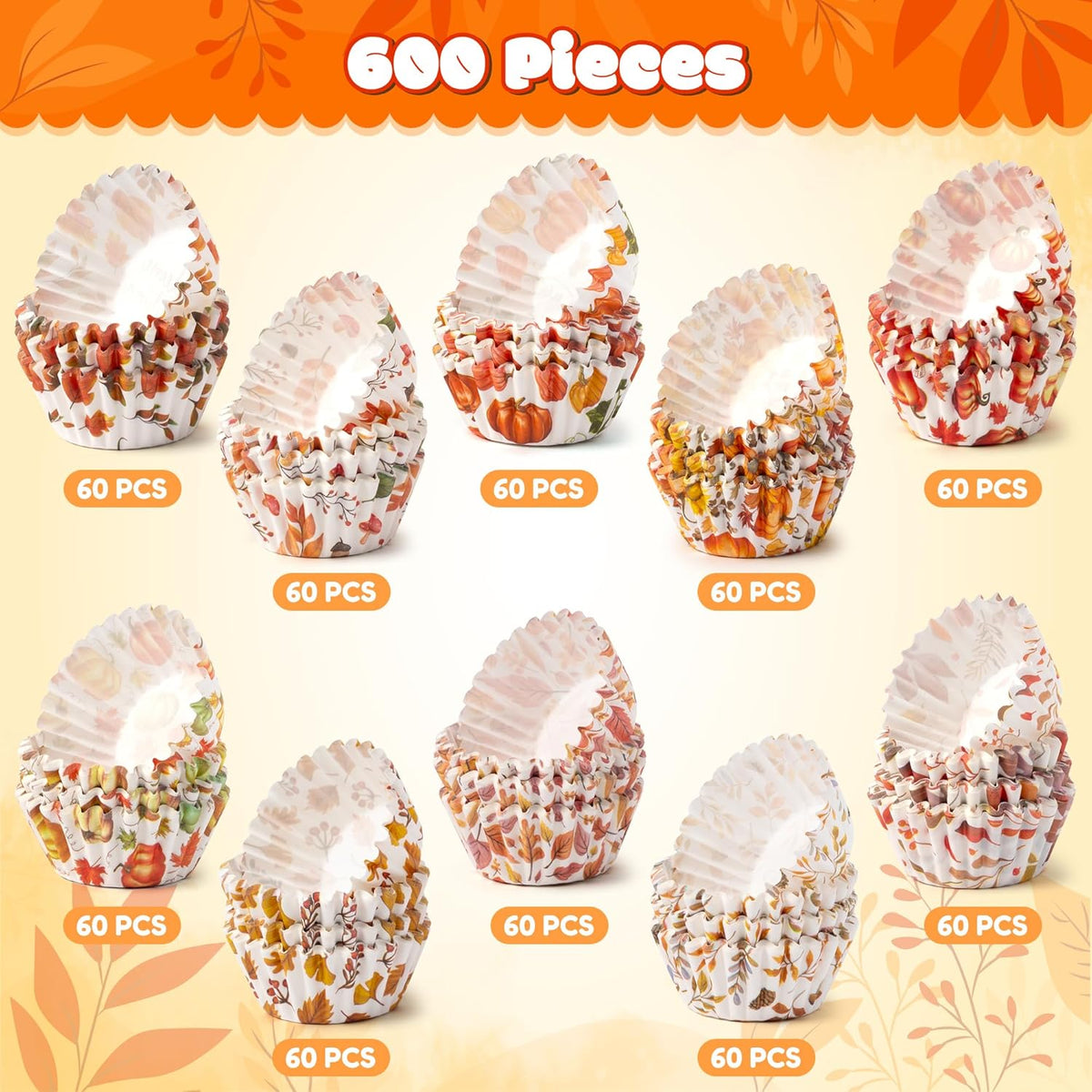 COcnny Fall Mini Cupcake Liners - 600pcs Autumn Watercolor Muffin Paper Cupcakes Baking Cups