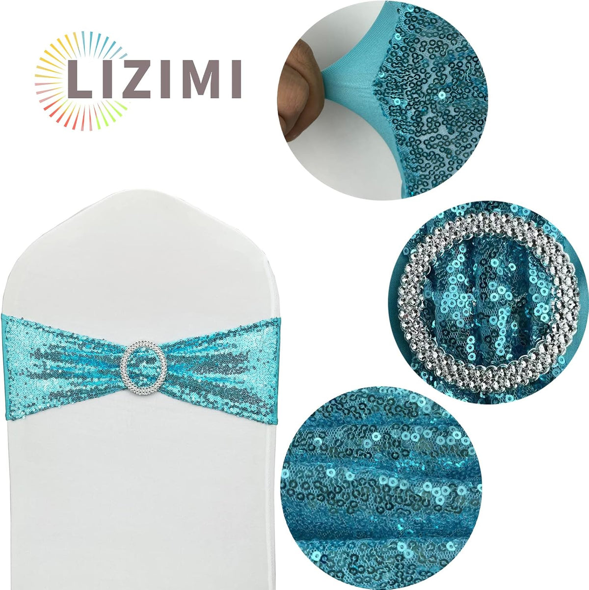 100 Pcs Chair Sashes Sequin Stretch Chair Bands Spandex Polyester Bows for Party Hotel Wedding