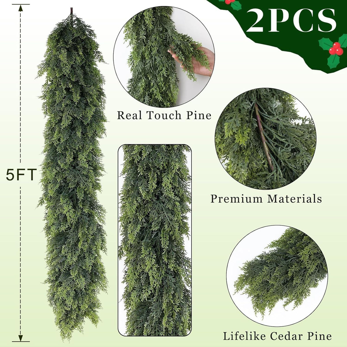 Christmas Cedar Garland - 5ft Artificial Cedar Garland Faux Lush Green Fake Pine Needles for