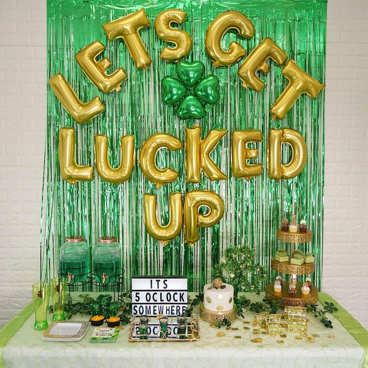 5 Pack Green Fringe Backdrop 3.2ft x 8.2ft Foil Curtain Tinsel Fringe Curtains Backdrop Streamers