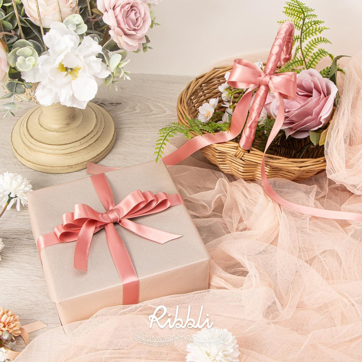 Ribbli Rose Gold Satin Ribbon 5/8 inch x Continuous 25 Yards,Double Faced Satin Use for Craft, Gift