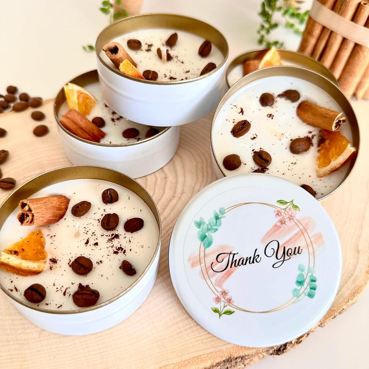 Coffee Scented Soy Wax Candle Favors with Hand-Placed Orange and Cinnamon Stick - Handmade Gift Set