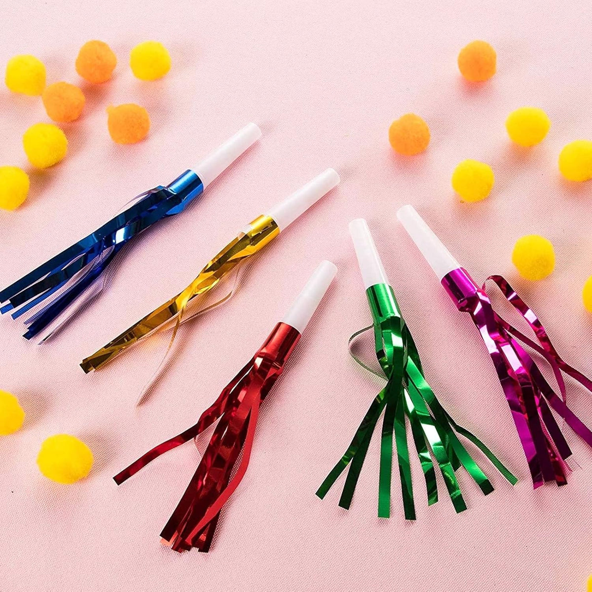 Juvale Party Noise Makers & Horns 50-Pack 5 Colors - Plastic Blow Pipes with Tinsel Fringe - Bulk