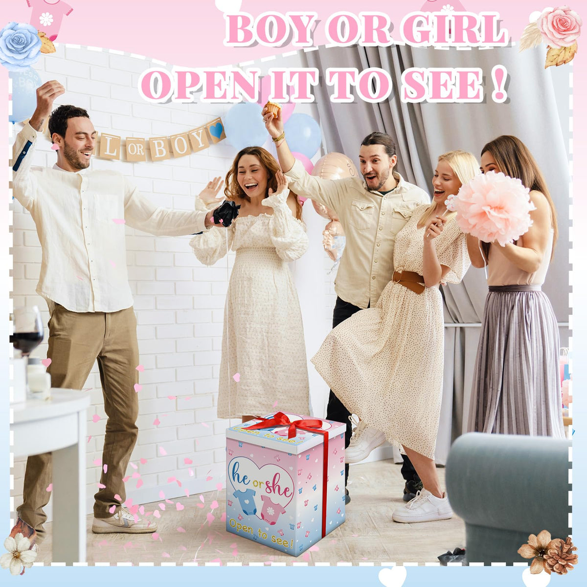Hungdao Gender Reveal Balloon Box with Ribbon and 10 Pink and Blue Balloons Gender Reveal Games He