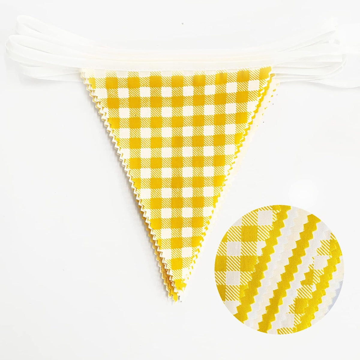 32Ft Yellow Plaid Checkered White Pennant Banner Fabric Gingham Triangle Flag Bunting Garland for