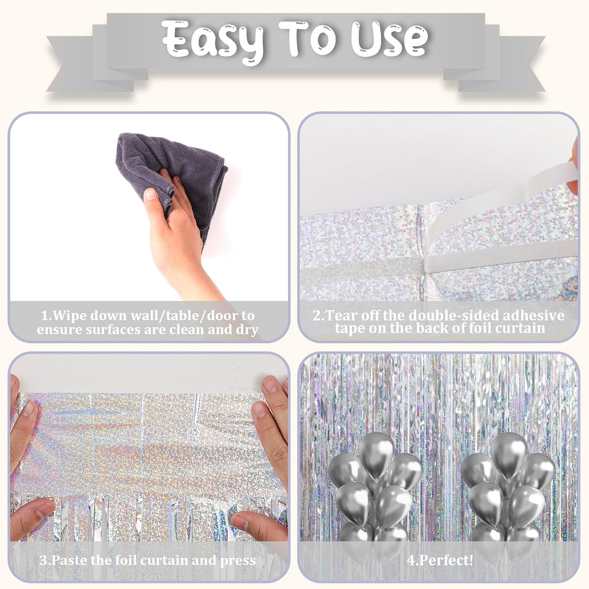 2 Pack Laser Silver Tinsel Foil Fringe Curtains, Silver Party Decorations, Metallic Tinsel Party