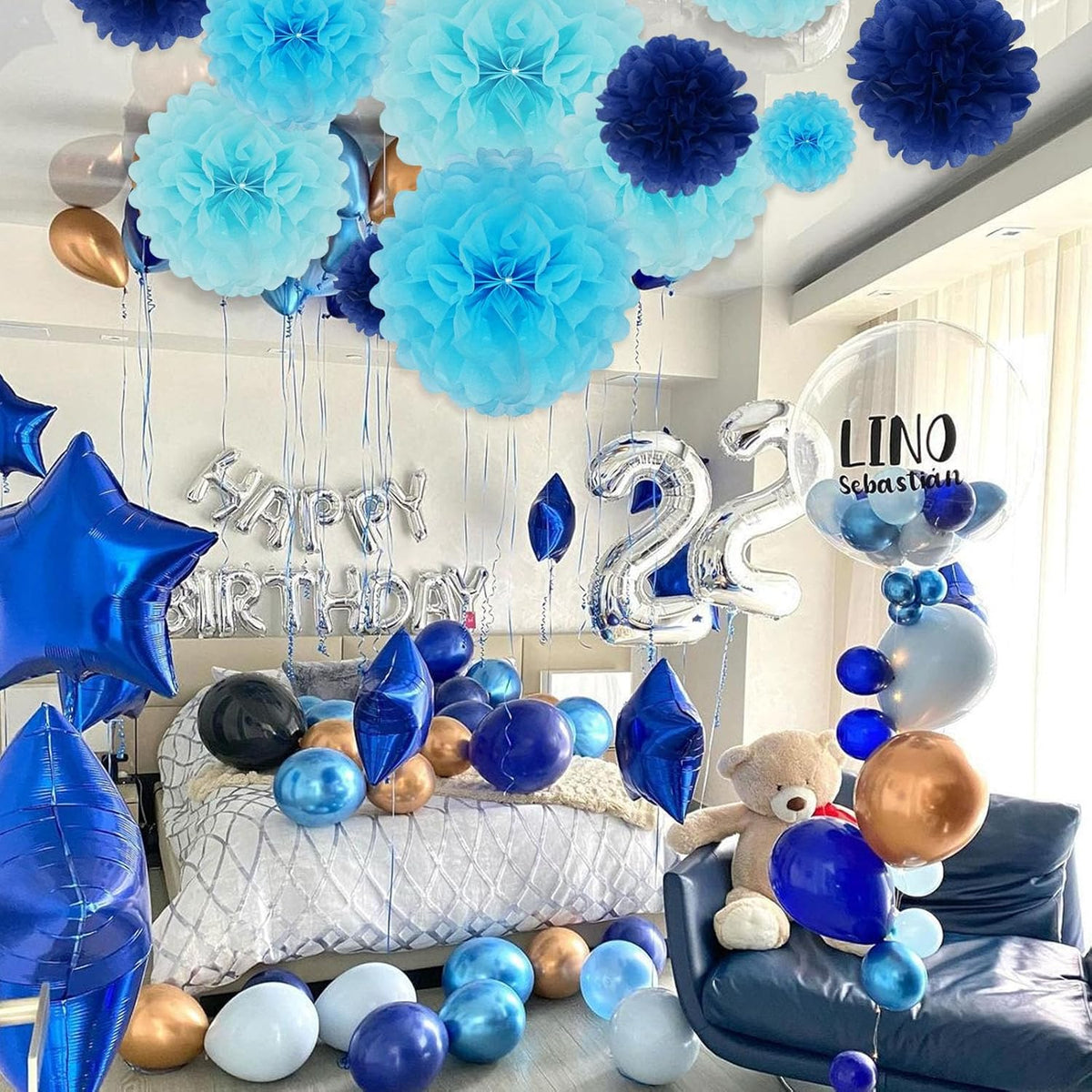 Tissue Paper Pom Poms, Blue Tissue Paper Flowers, Hanging Flower Balls for Weddings Fiesta Parties