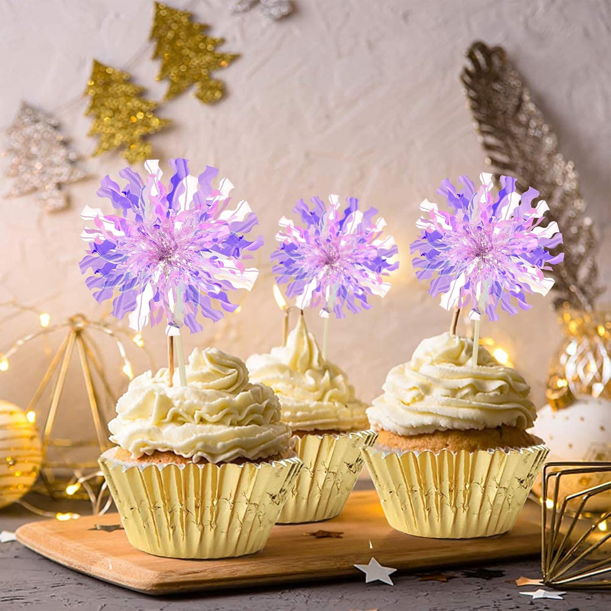 Ephlyn 30Pcs Foil Firework Cupcake Toppers Sparkle Tinsel Cupcake Picks Happy Birthday Cake