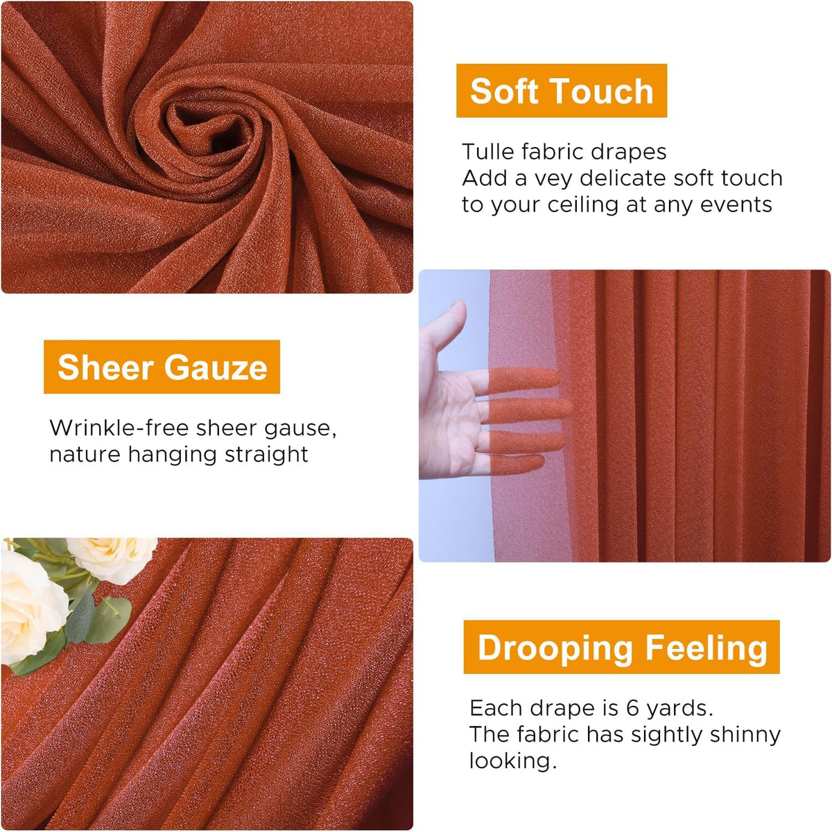 Wedding Arch Draping Fabric 4 Panels 28.7" x 20FT Terracotta Sheer Chiffon Backdrop Drapes for