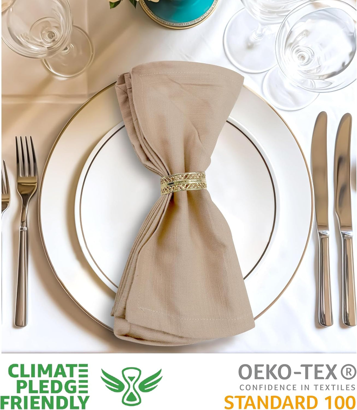 Urban Villa Dinner Napkins Solid Taupe Color Cloth Napkins (Set of 12) Oversized 20x20 Inches 100%