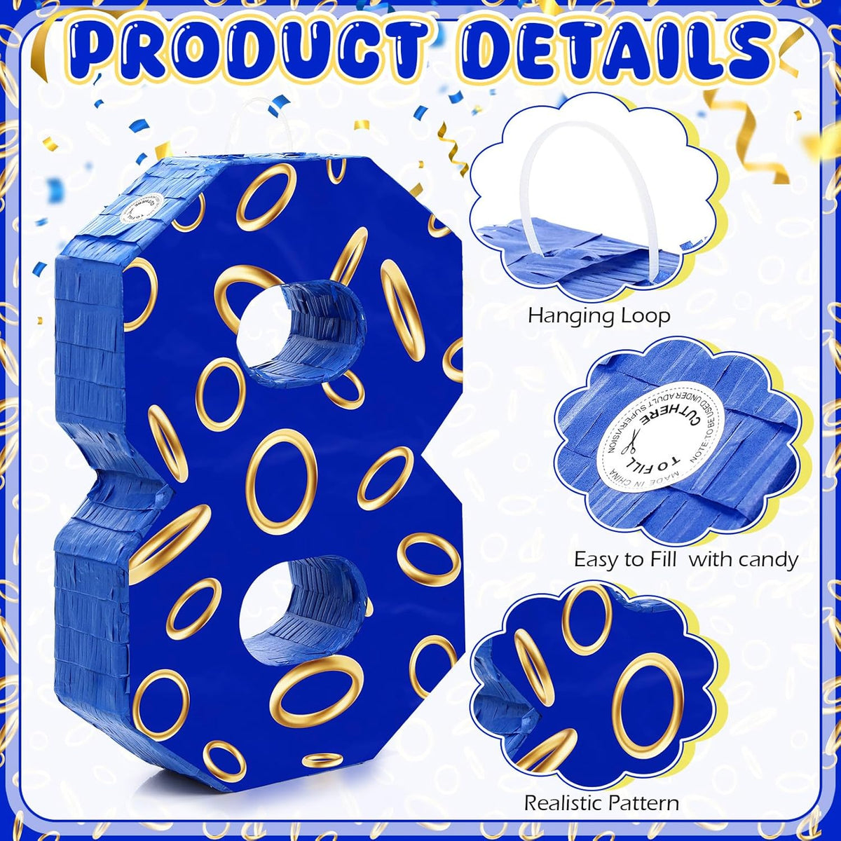 Number 8 Blue and Golden Rings Piñata for Kids Birthday Cartoon Theme Small Piñata with Blindfold