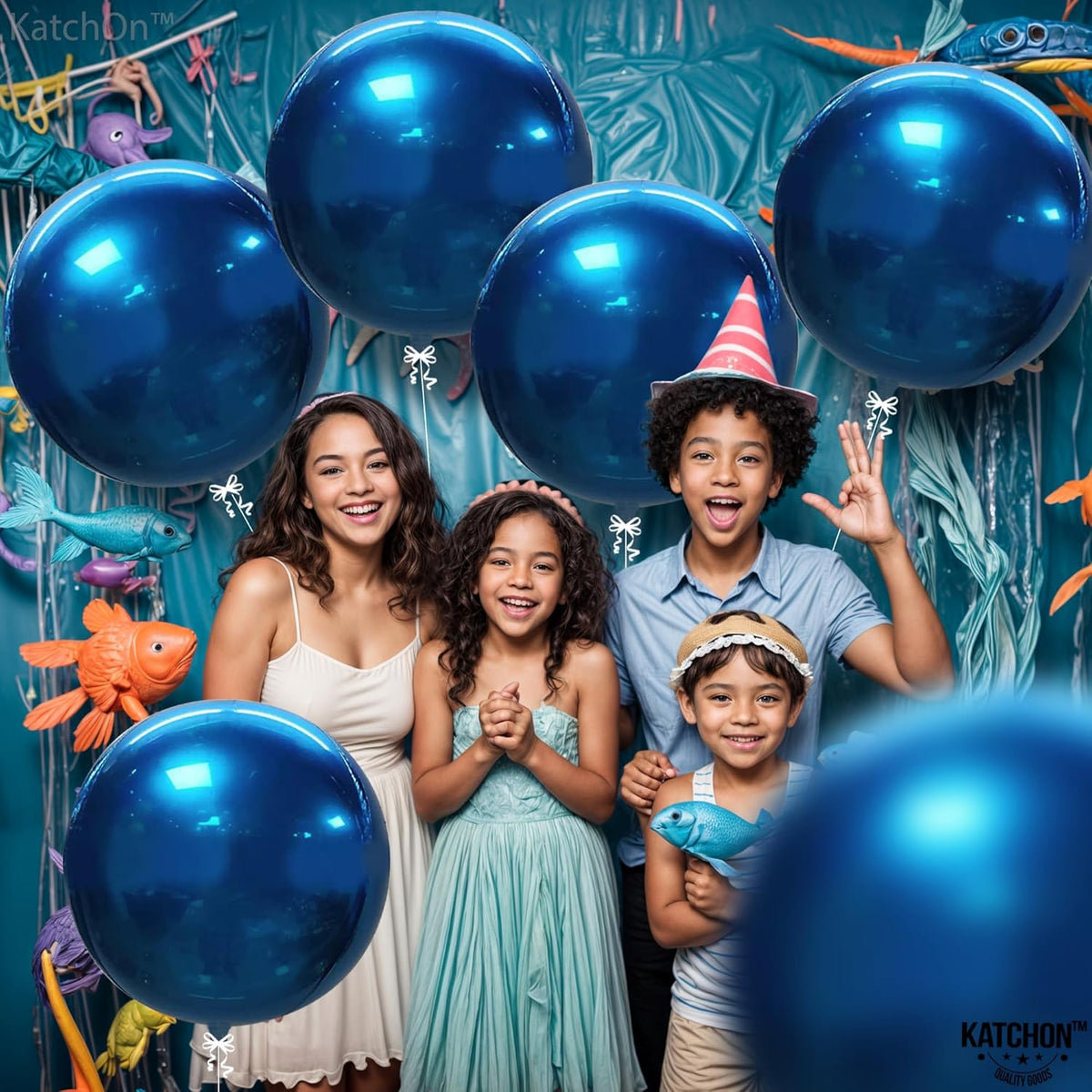 KatchOn, Mylar Metallic Blue Balloons - Big 22 Inch, Pack of 6 | Round Blueberry Balloons for