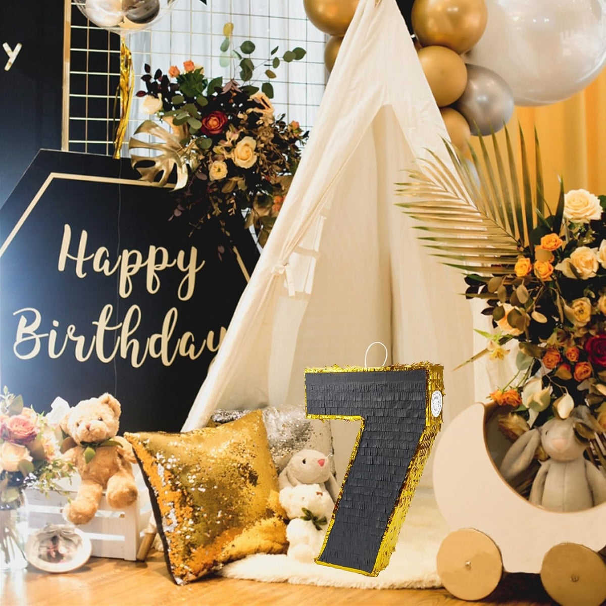 PCFING 20 Inch Number 7 Piñata Gold Black with 30 Inch Piñata Stick Blindfold Confetti for Man