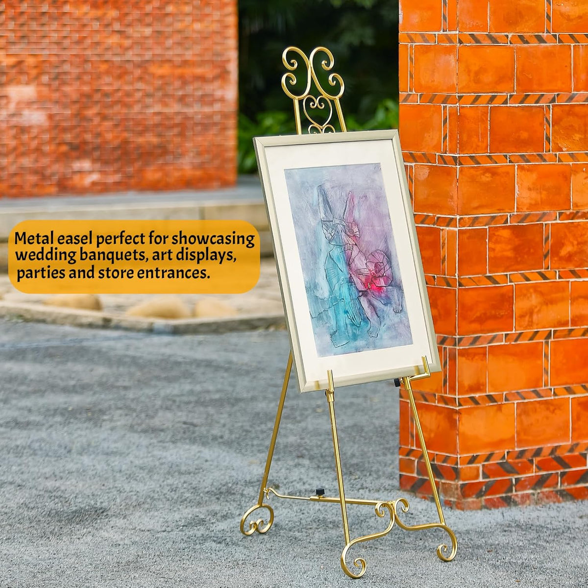 Metal Large Free Standing Adjustable Display Stand Scroll Easel with Chain Support, Gold Easel