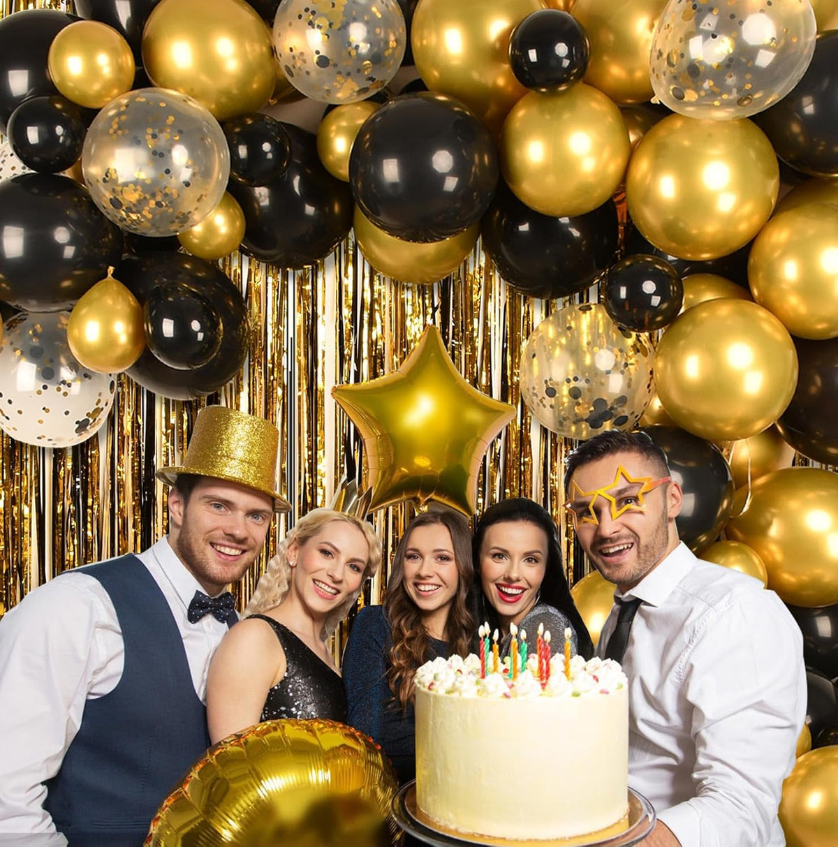 Metallic Tinsel Foil Fringe Curtains Backdrop Black Gold, 2 Pcs 3.28 ft x 6.56 ft Streamers for