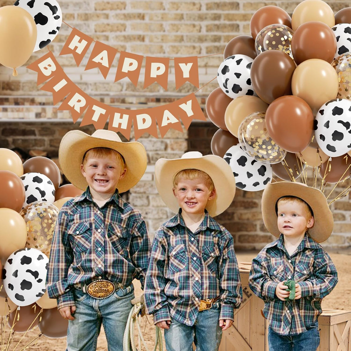 Brown Western Balloons, Brown Nude Gold Confetti Cow Print Latex Cowboy Balloons for Farm Cowboy