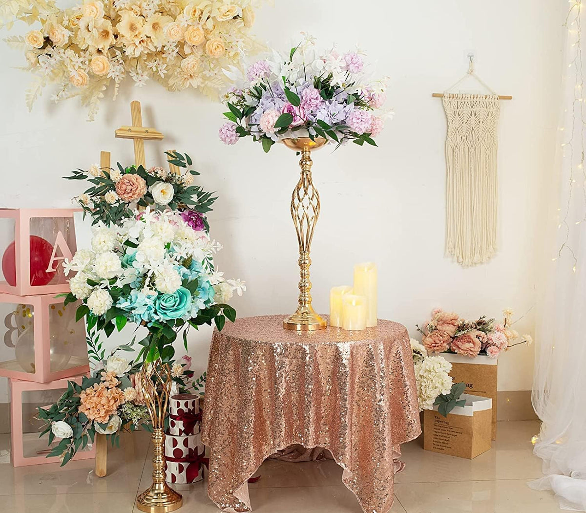 LANLONG 2pcs Metal Gold Candle Holders Road Lead Table Centerpiece Stand Pillar Candlestick for