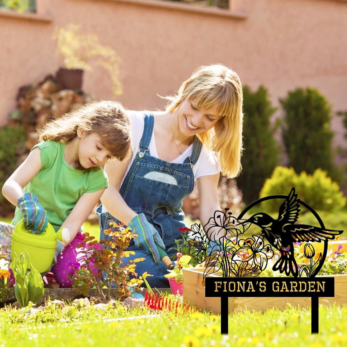 Personalized Garden Signs for Outside, Custom Metal Hummingbird Flowers Garden Decor with Stake