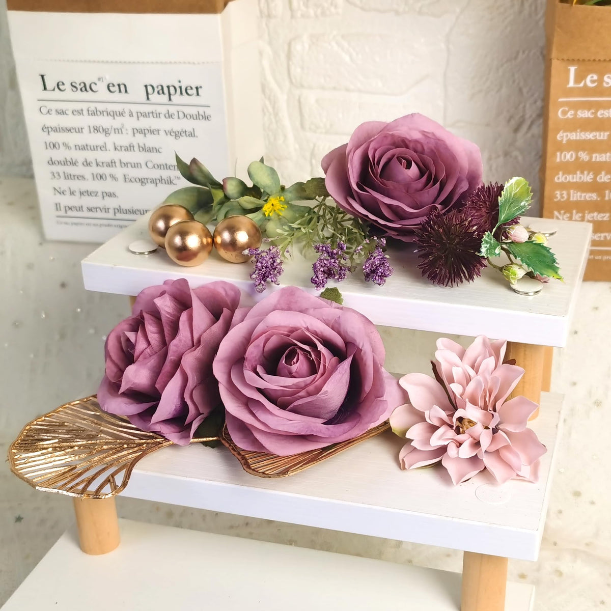 Flower Cake Toppers Happy Birthday Cake Toppers with Artificial Purple Rose Flowers Eucalyptu