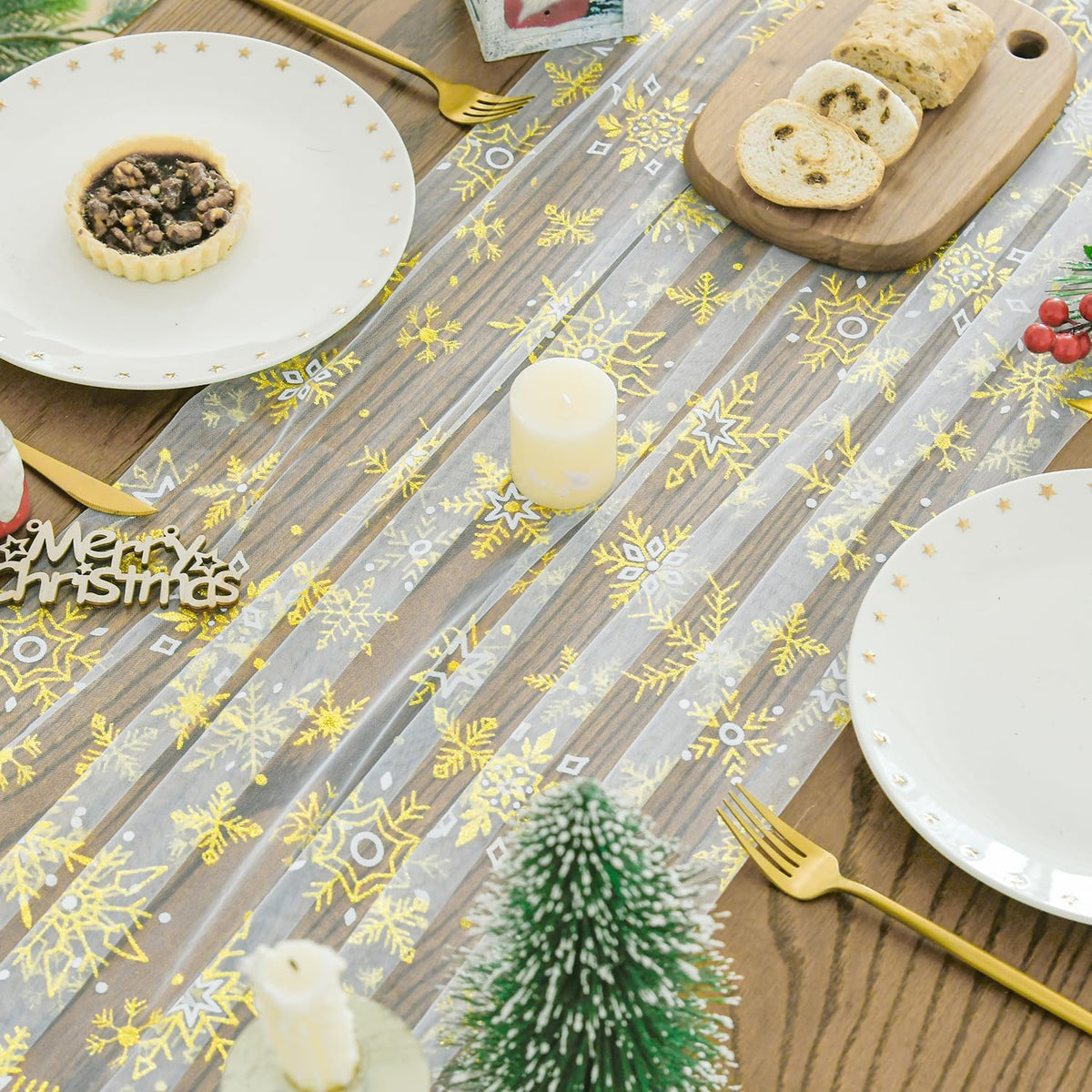 Artoid Mode Gold Snowflakes Christmas Gauze Table Runner 120 Inch 10FT, Winter Seasonal Sheer