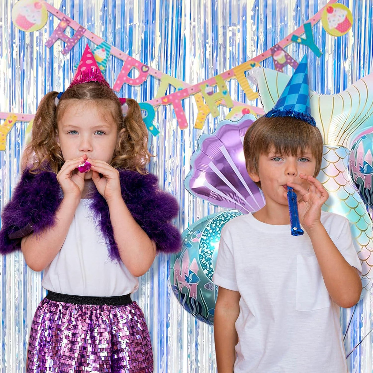 2 Pack Foil Curtain Backdrop Iridescent Metallic Tinsel Foil Fringe Curtains Photo Booth Props for