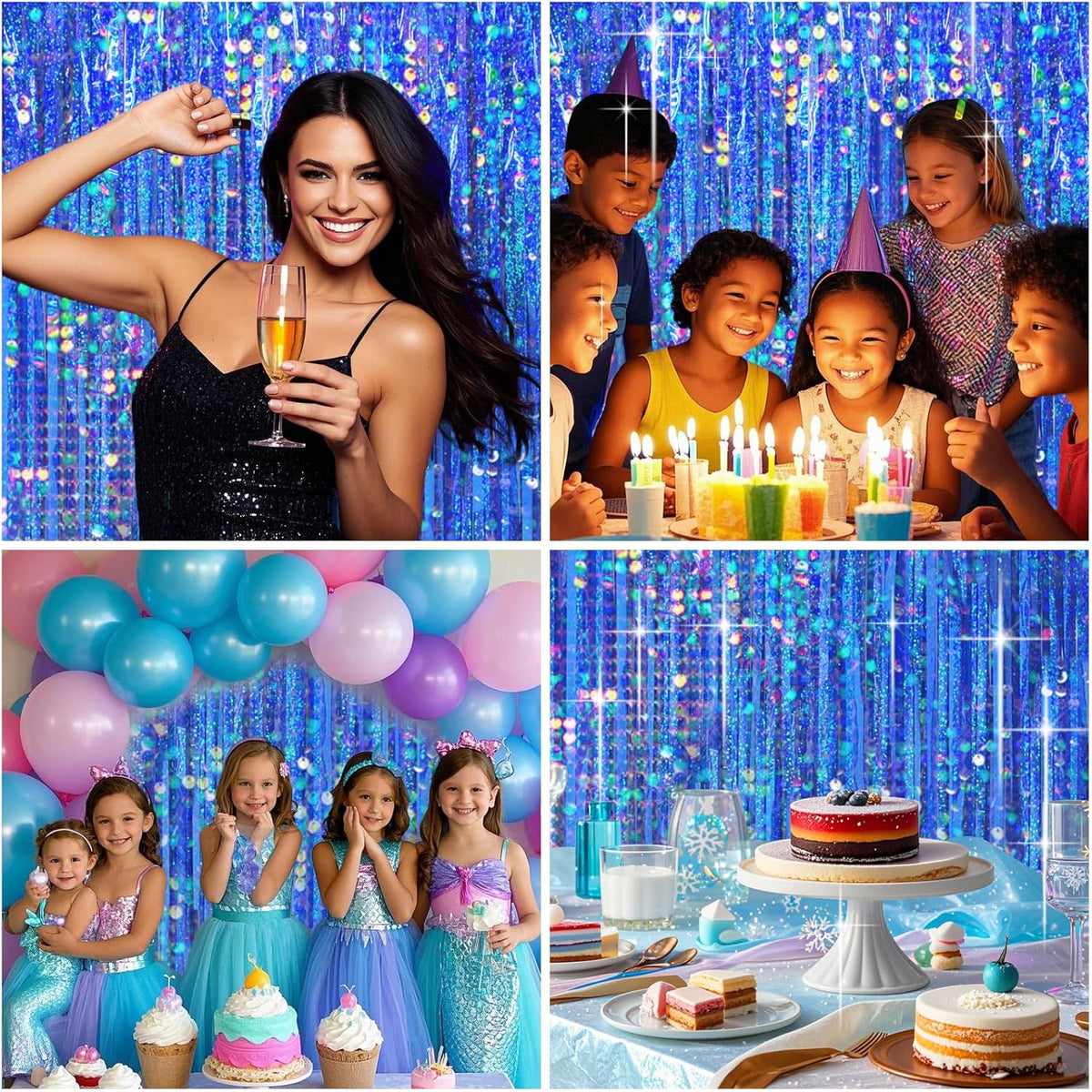 4 Packs Blue Foil Fringe Curtain, Navy Blue Metallic Tinsel Backdrop for Birthday, Wedding, Baby