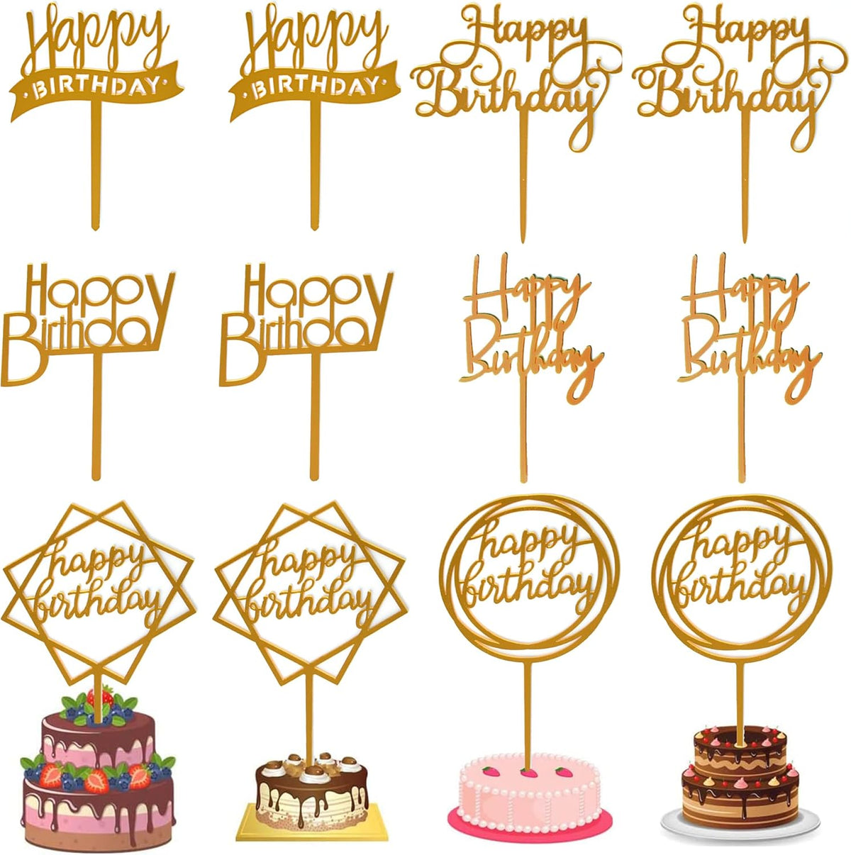 12 Pack Multi Styles Birthday Cake Topper Set, Acrylic Cake Bunting Decor Birthday Cake Picks Party