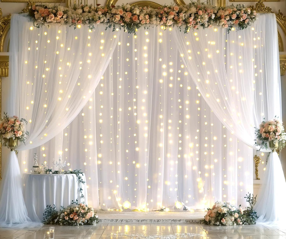 Sheer Backdrop Curtain with Lights String for Parites 20×10ft White Tulle Backdrop Curtain for