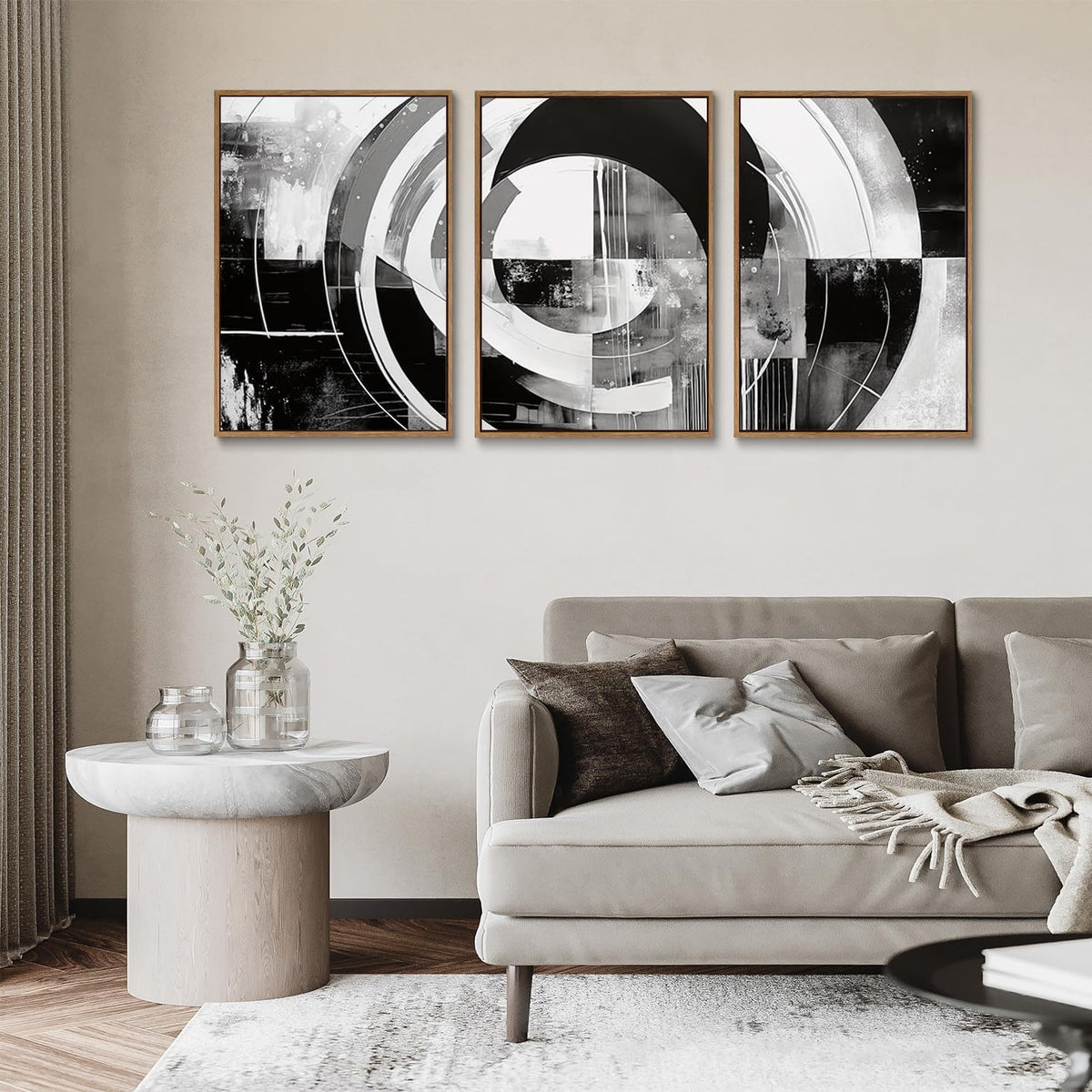 myusuar 3 Piece Large Modern Abstract Canvas Framed Wall Art For Living Room, Black And White Rings