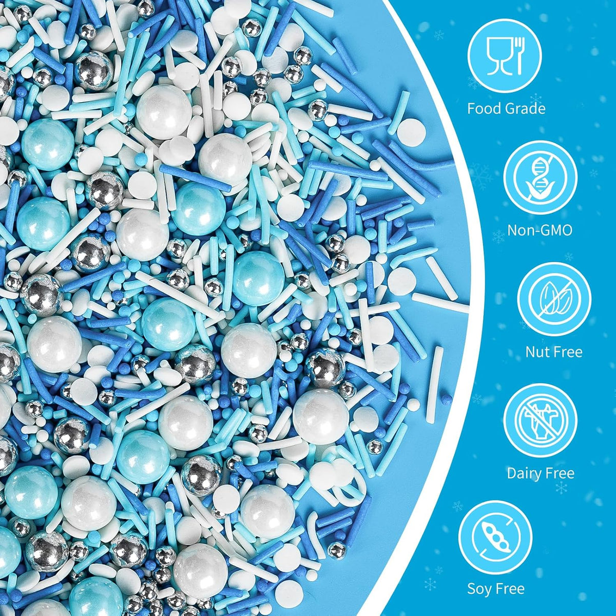 Edible Blue Silver White Sprinkles,Winter Jimmies Pearls Mix,130g/4.58oz,Perfect for Cake