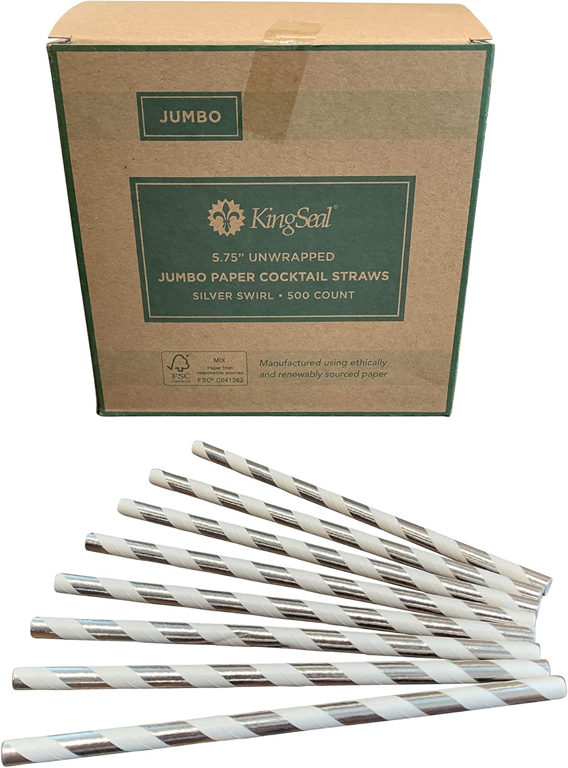 500 Count | Kingseal FSC Certified Paper Cocktail Straws, Unwrapped, 6mm x 5.75 Inches, Silver