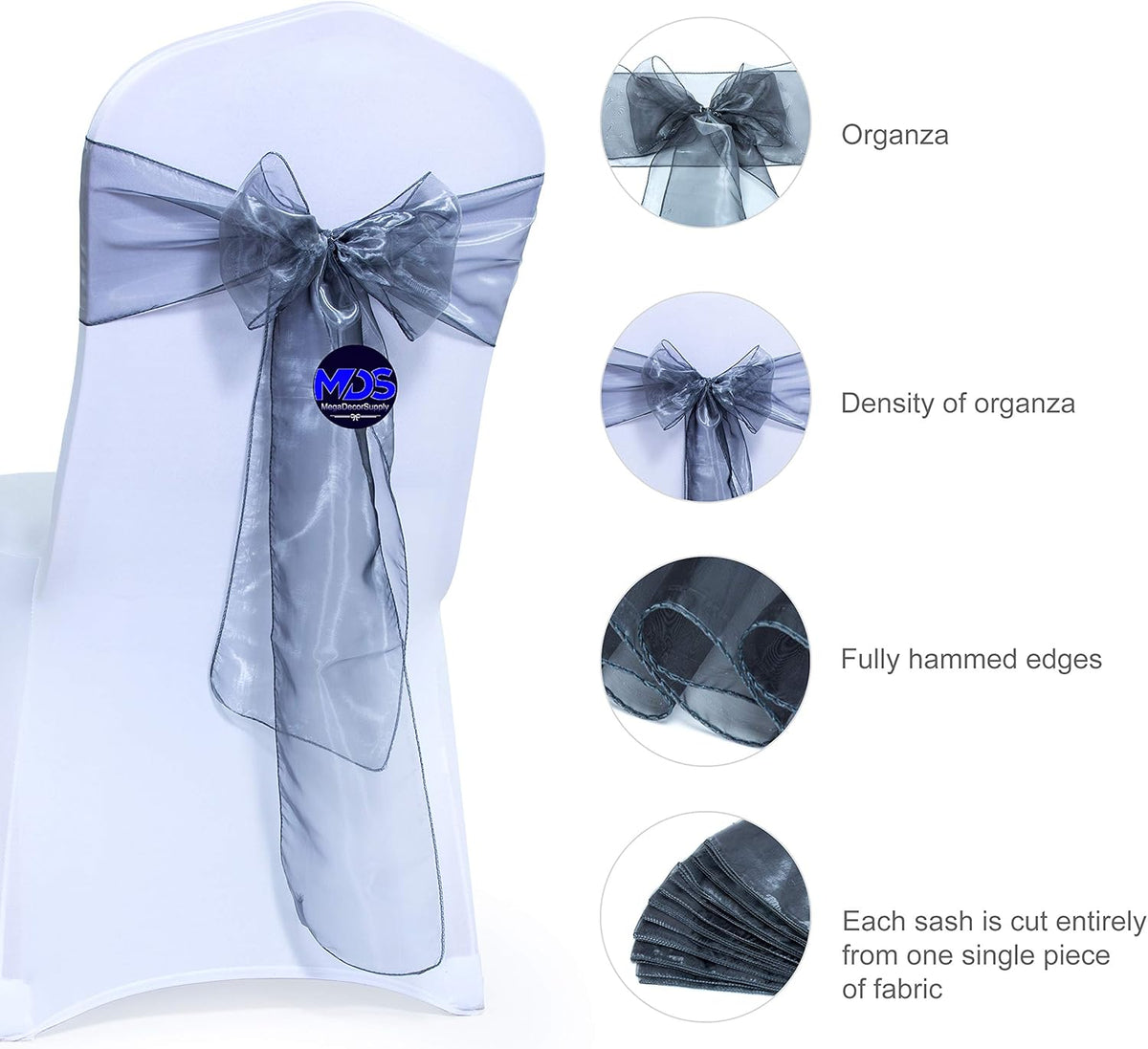 MDS Pack of 25 PCS Organza Chair Sashes Wider Dining Chair Bows Ribbon Tie Back for Wedding Party