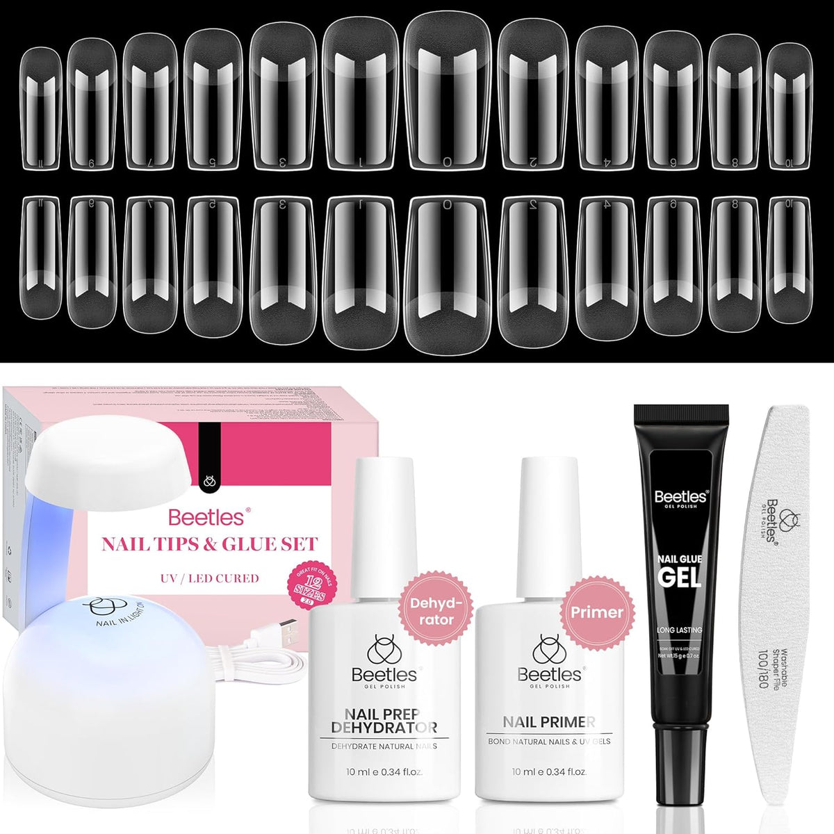 Beetles Gel Nail Kit Medium Square with Nail Dehydrator and Primer, 576Pcs Half Matte Etch-X Gel