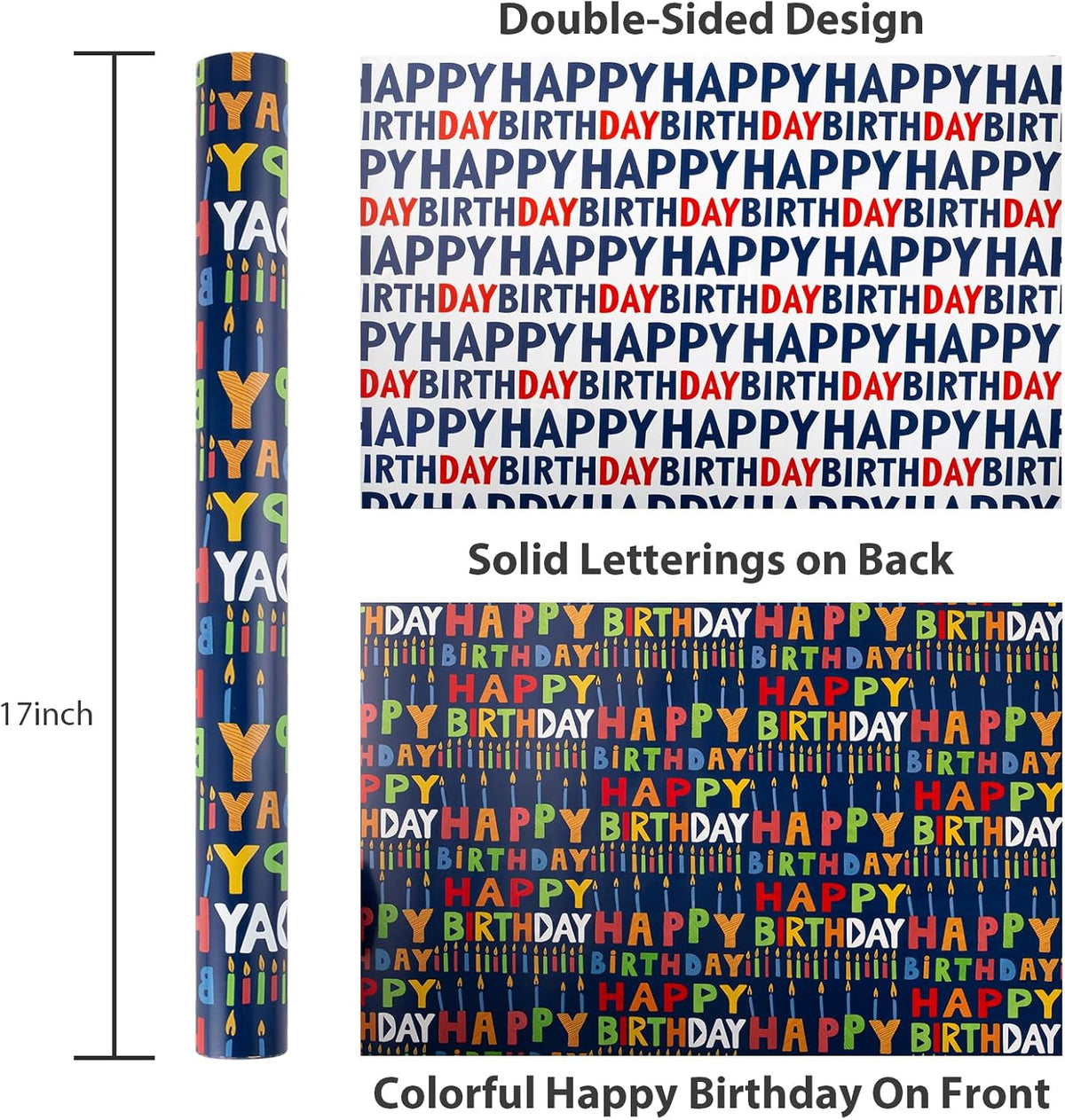 Yarcony Reversible Birthday Wrapping Paper Roll - 17 Inch X 33 Ft(46.8 Sq.Ft.Ttl) - Creative