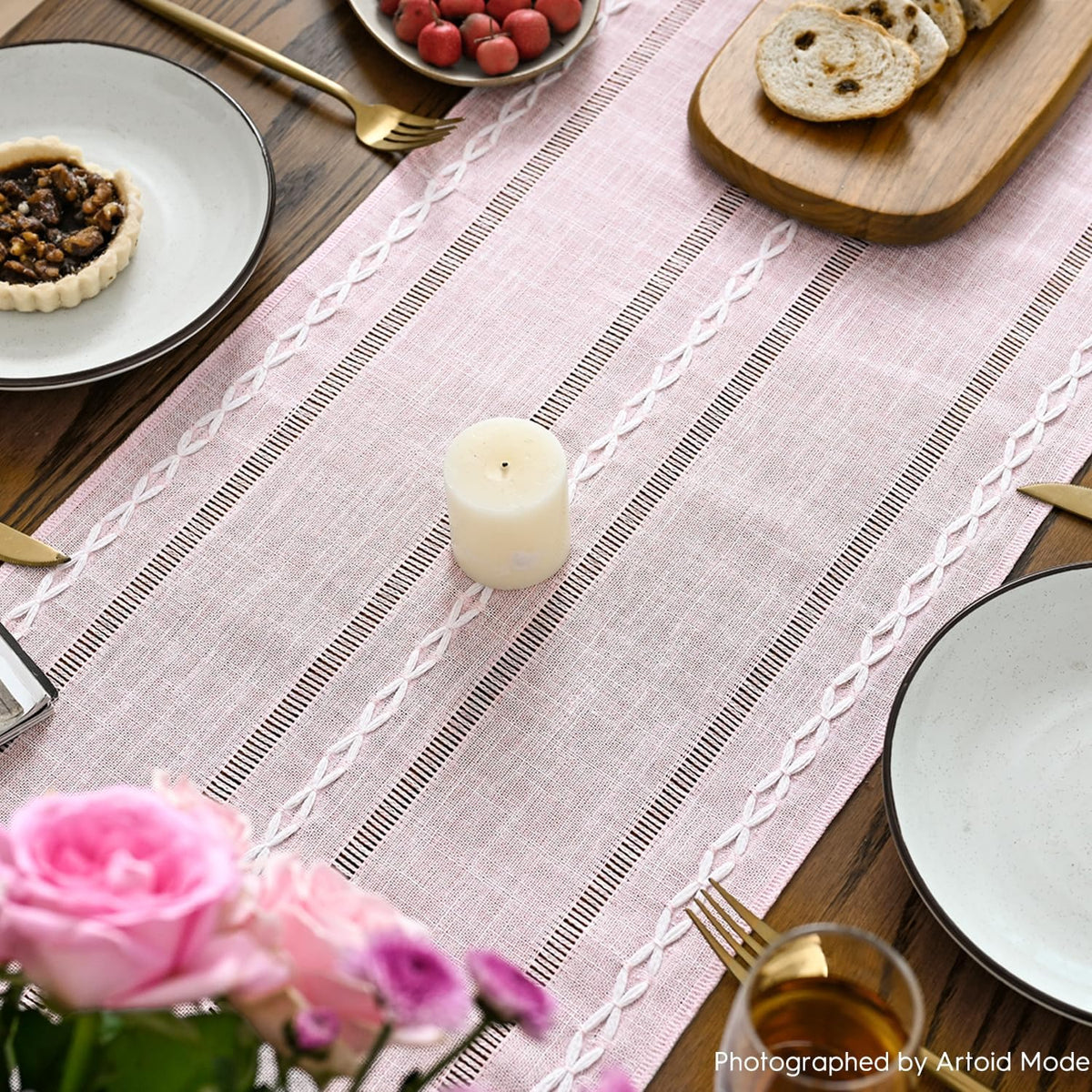 Artoid Mode Pink Rustic Cotton Linen Table Runner, Seasonal Embroidered Hollow Kitchen Dining Table