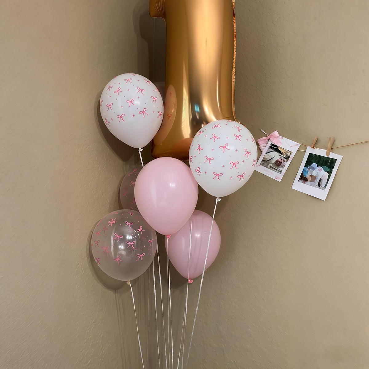 Pink Bow Balloons, 12 Inch Pastel Light Pink Transparent White Bow Print Coquette Balloon for Girls