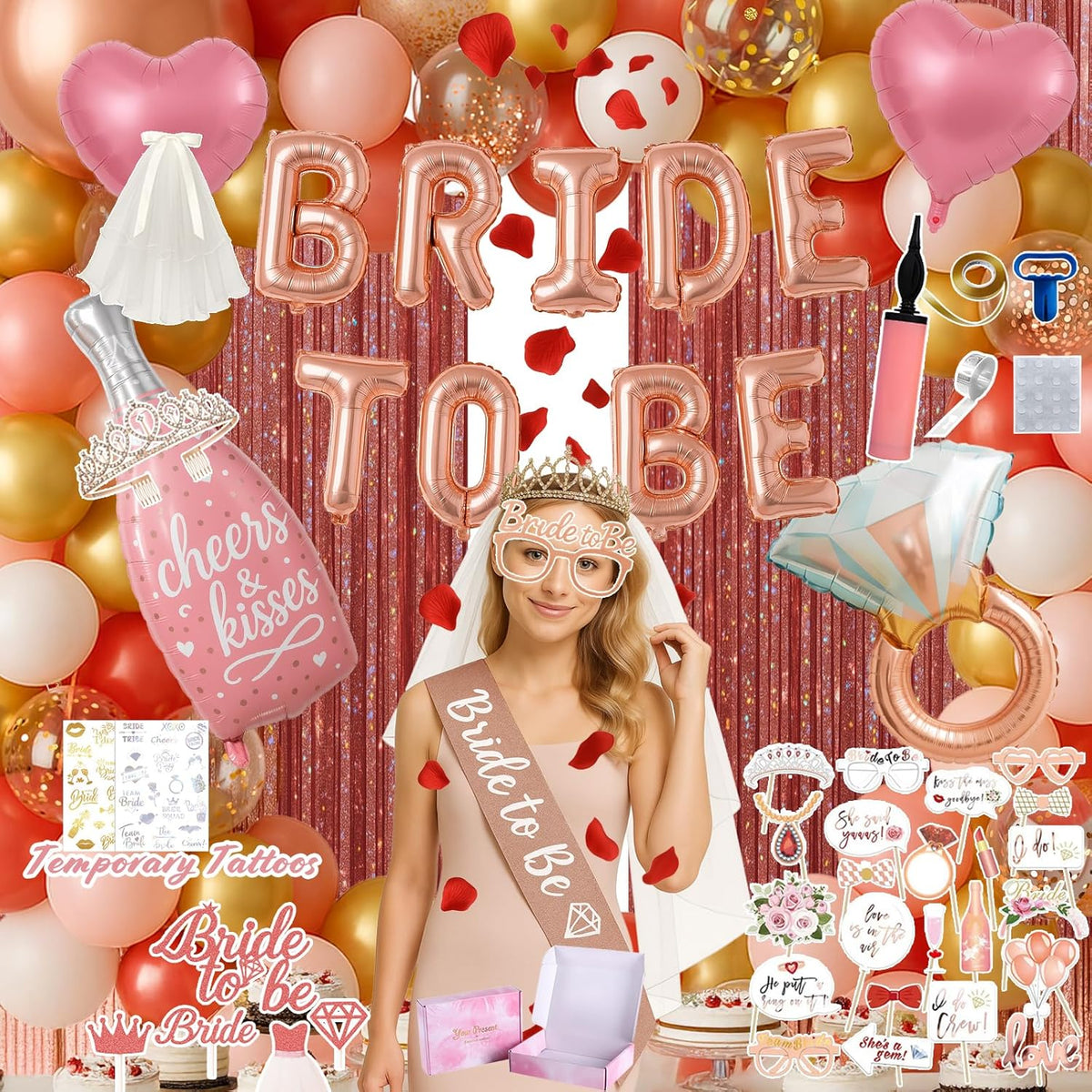 168PCS Bridal Shower Decorations Kit – Rose Gold Bachelorette Party Supplies with Bride To Be Foil