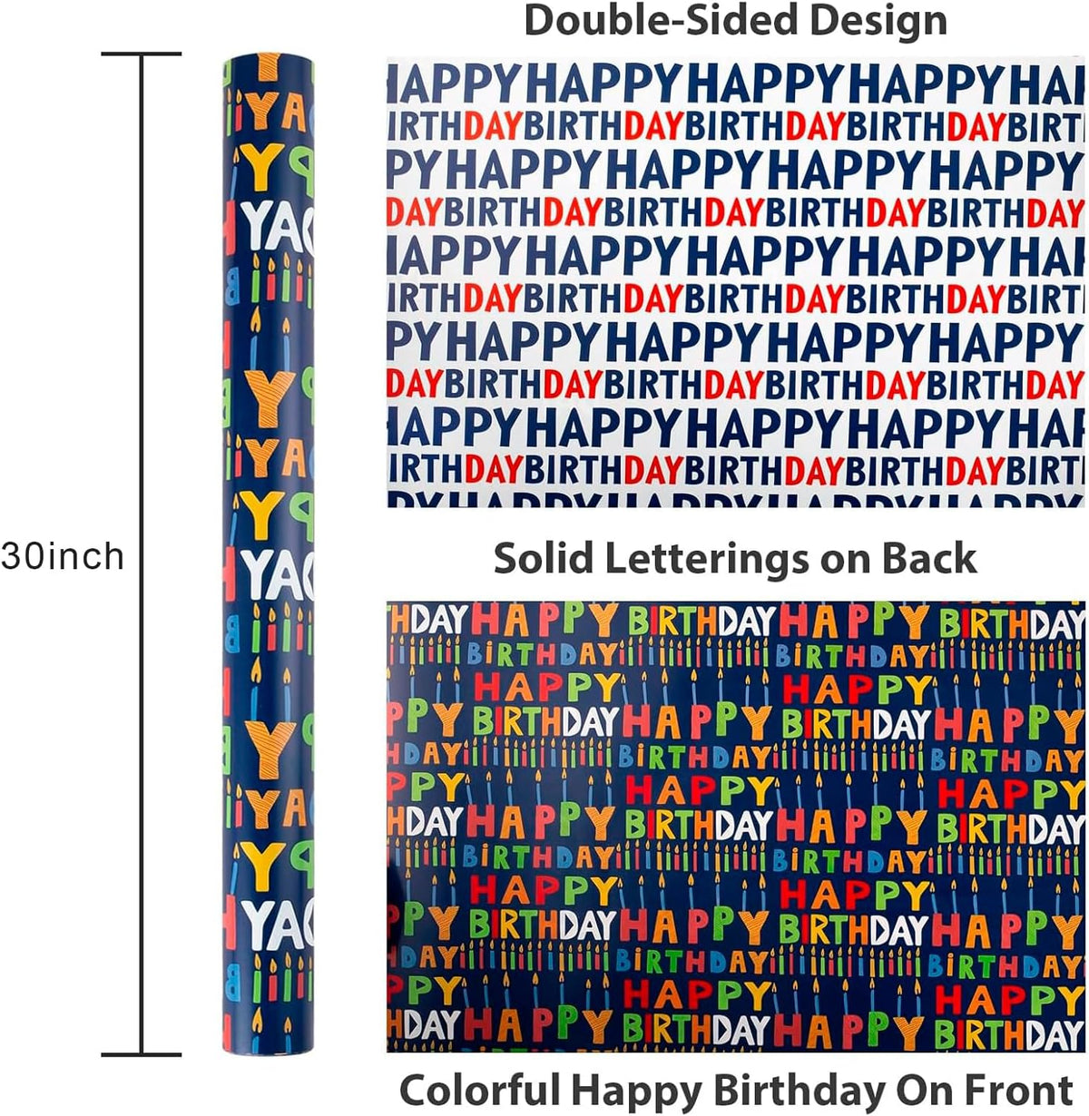 Birthday Wrapping Paper Roll - 30 Inch X 33 Feet - Reversible Metallic Foil Navy Blue Party Hat