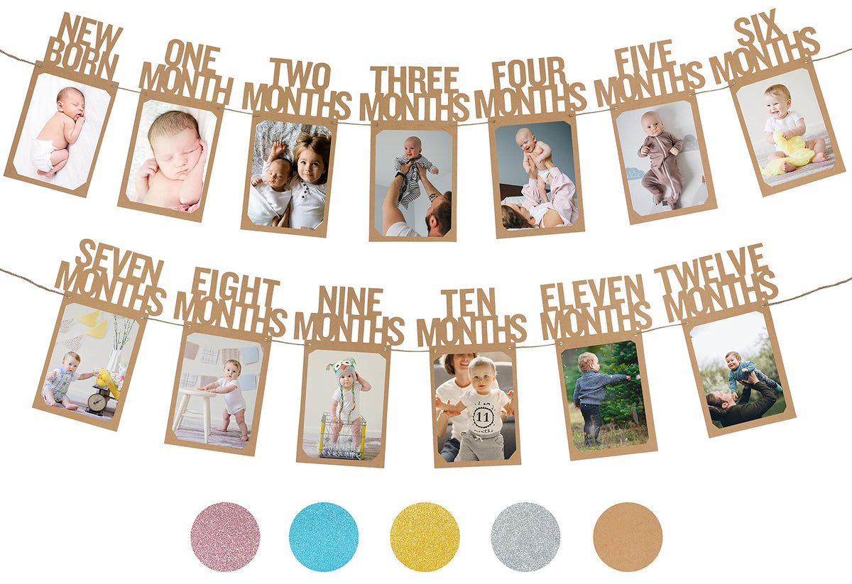 PartyHooman 1st Birthday Photo Banner for Baby from Newborn to 12 Months, First Birthday