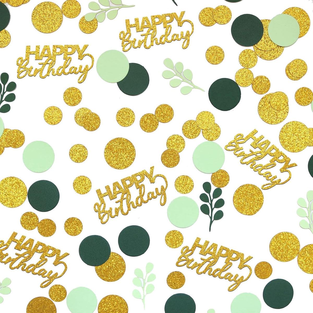 300PC Greenery Happy Birthday Confetti for Table Gold Glitter and Sage Green Birthday Party