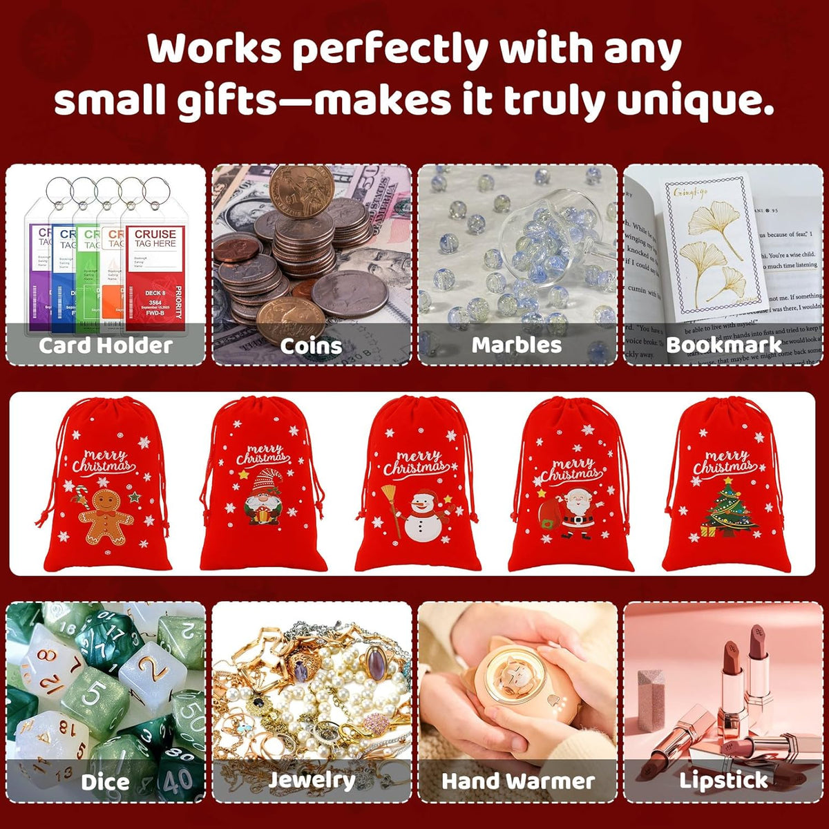 Tapleap Velvet Coth Christmas Bags with Drawstring, 50Pcs 4x6 for Wrapping Christmas Party Favors