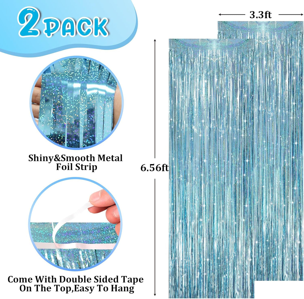 2 Pack Laser Light Blue Foil Fringe Curtains, Tinsel Streamers Birthday Party Decorations, Fringe