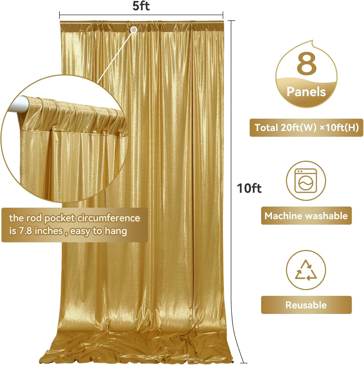 40ftx10ft Gold Sequin Backdrop Curtain Panels for Parties, Wrinkle Free Glitter Photo Backdrop