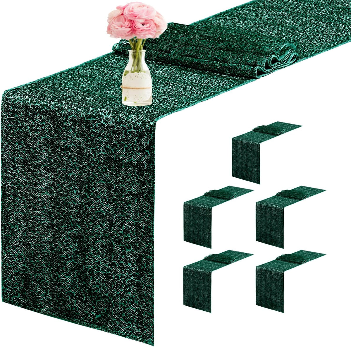6 Packs 12 x 72 inches Sequin Table Runner, Hunter Green Glitter Table Runner for Birthday Party