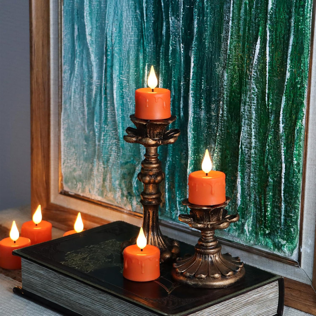 FREEPOWER Orange Halloween Candles,Rechargeable Flameless Candles with Remote Timer, Soft 3D Wick