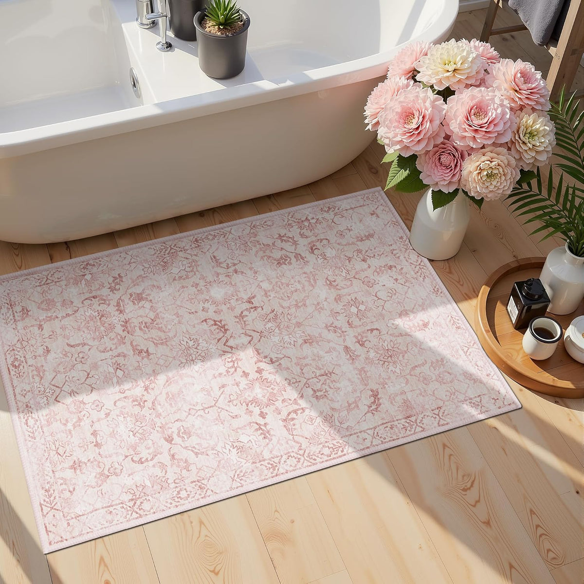 Pink Area Rug 2x3 Entryway Rug for Bedroom Bathroom, Non-Slip Low-Pile Washable Distressed Boho
