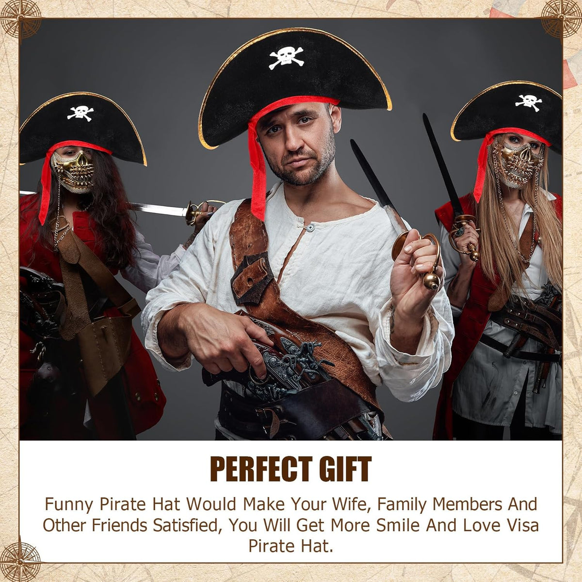 Hsei Halloween Pirate Hat Skull Print Captain Costume Caps Party Accessories Hats for Cosplay
