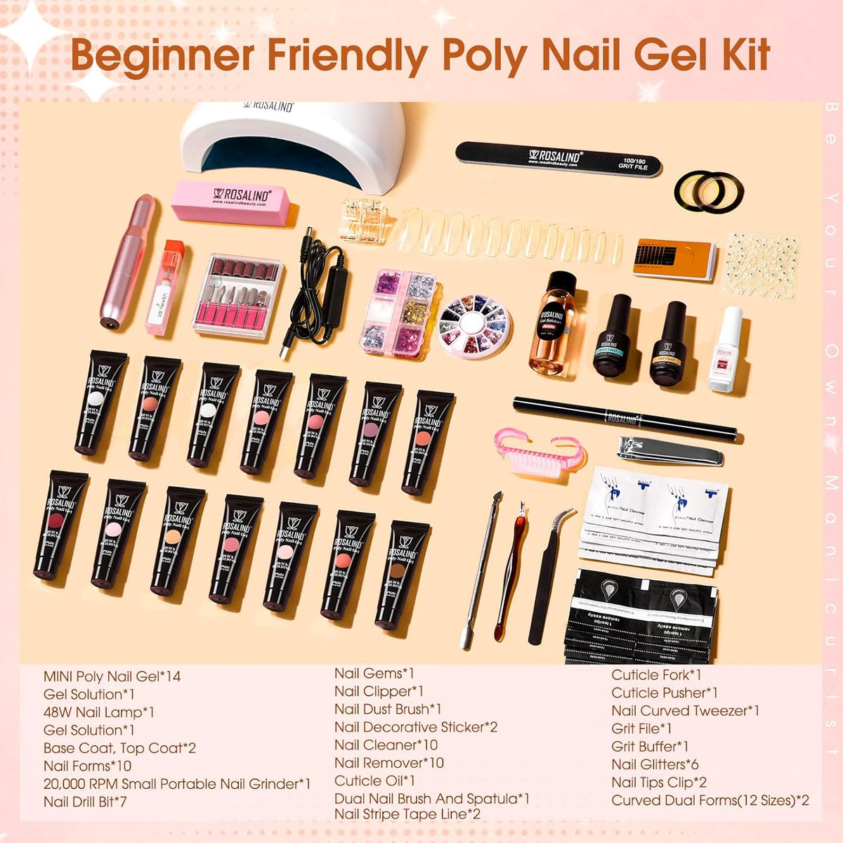 ROSALIND Poly Nail Gel Kit -14 Colors + 75 Nail Art Accessories Kit Nude Pink Series Poly Gel with